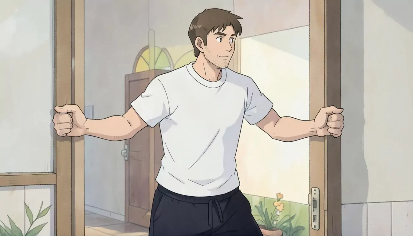 is doing a doorway row, both hands gripping a door frame, leaning back with arms extended, bright living room - Studio Ghibli anime illustration