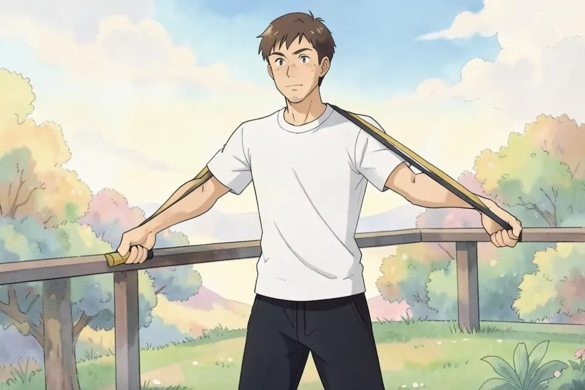 is standing holding both ends of a resistance band anchored to a railing, pulling elbows back, bright home gym corner - Studio Ghibli anime illustrati