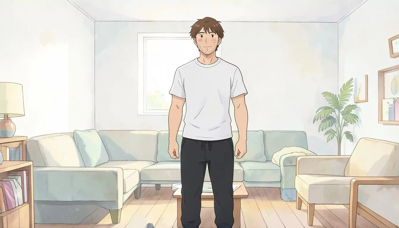 is standing confidently after a workout in a bright home gym corner, empty hands, satisfied expression - Studio Ghibli anime illustration