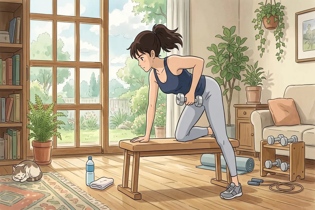 dumbbell rows home exercise to lose weight fast anime illustration