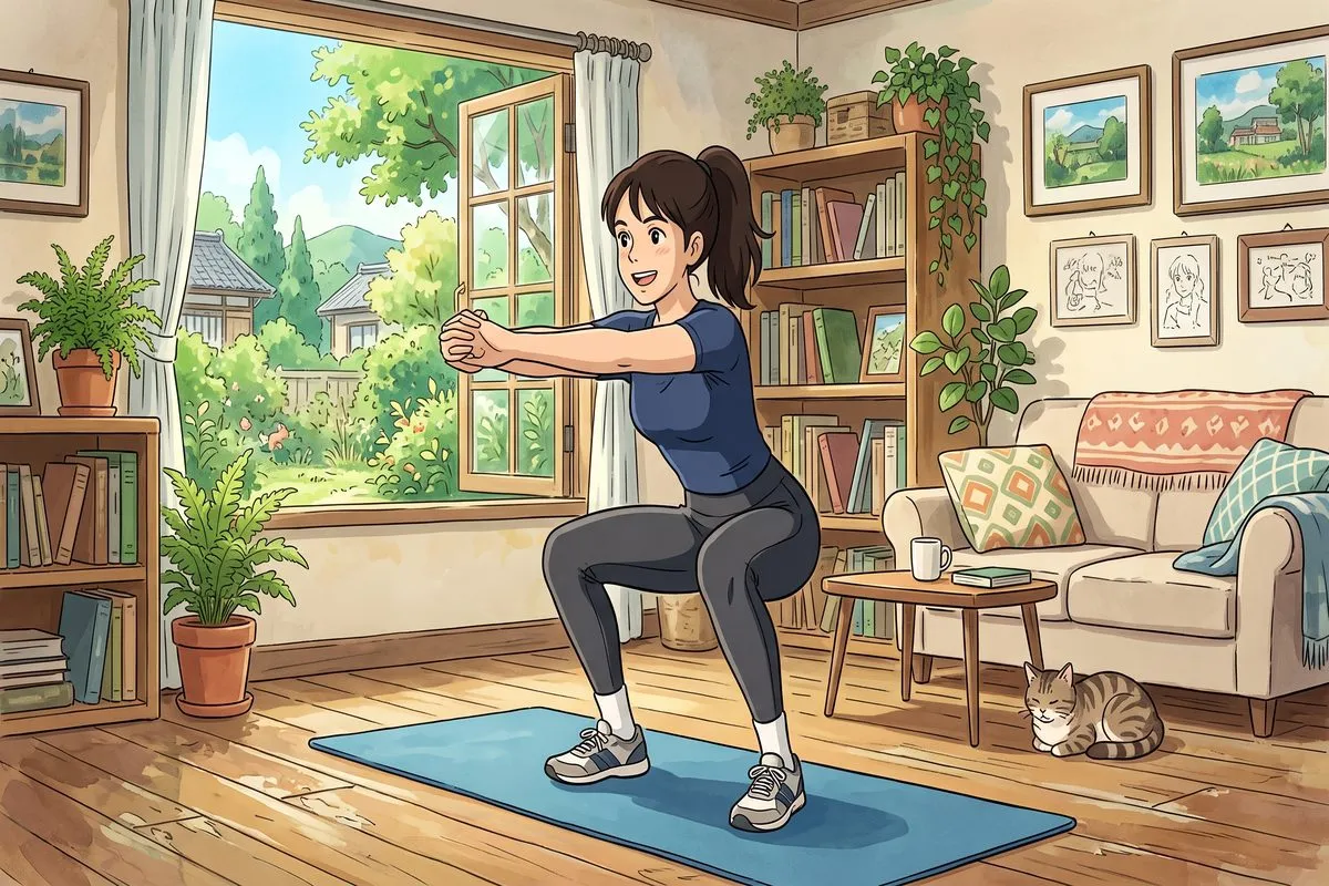 squats home exercise to lose weight fast no equipment anime illustration