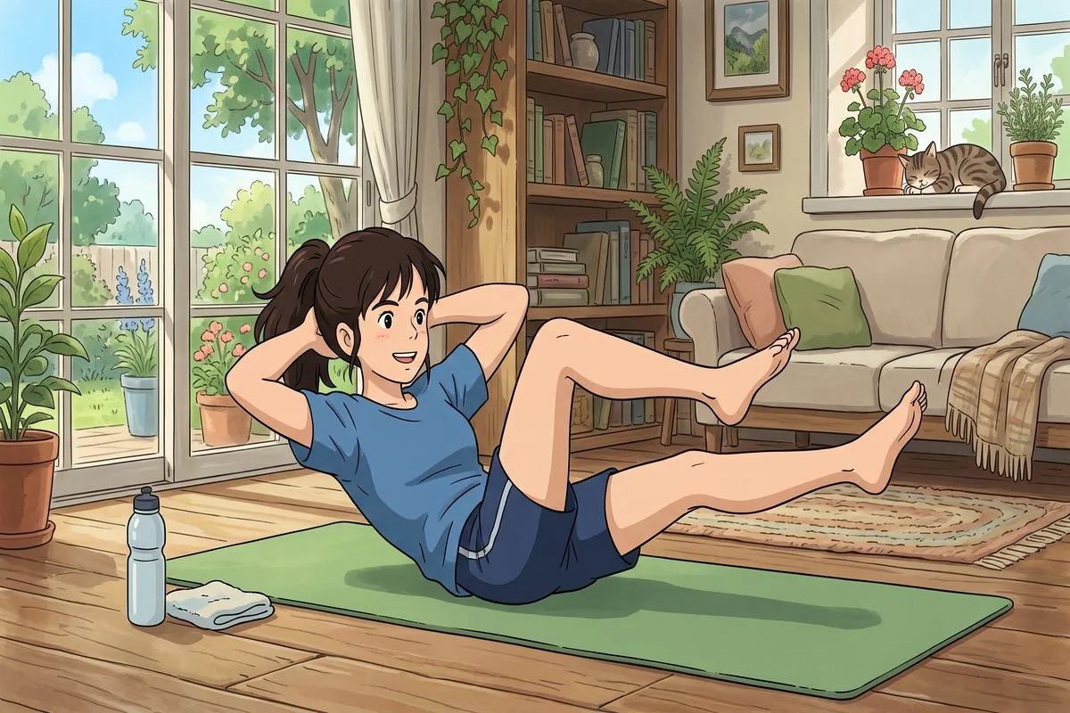 bicycle crunches home exercise to lose weight fast no equipment anime illustration