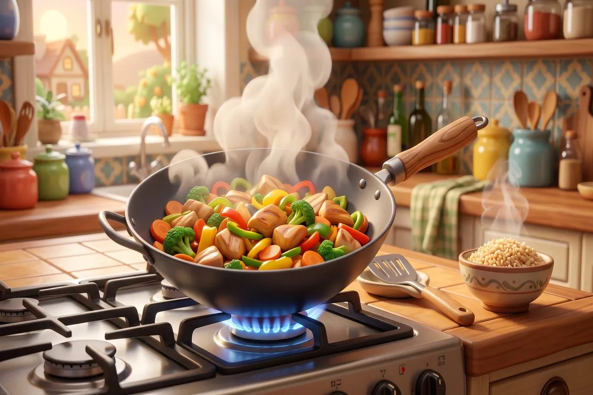 3D animated wok with colorful chicken and vegetable stir-fry with brown rice