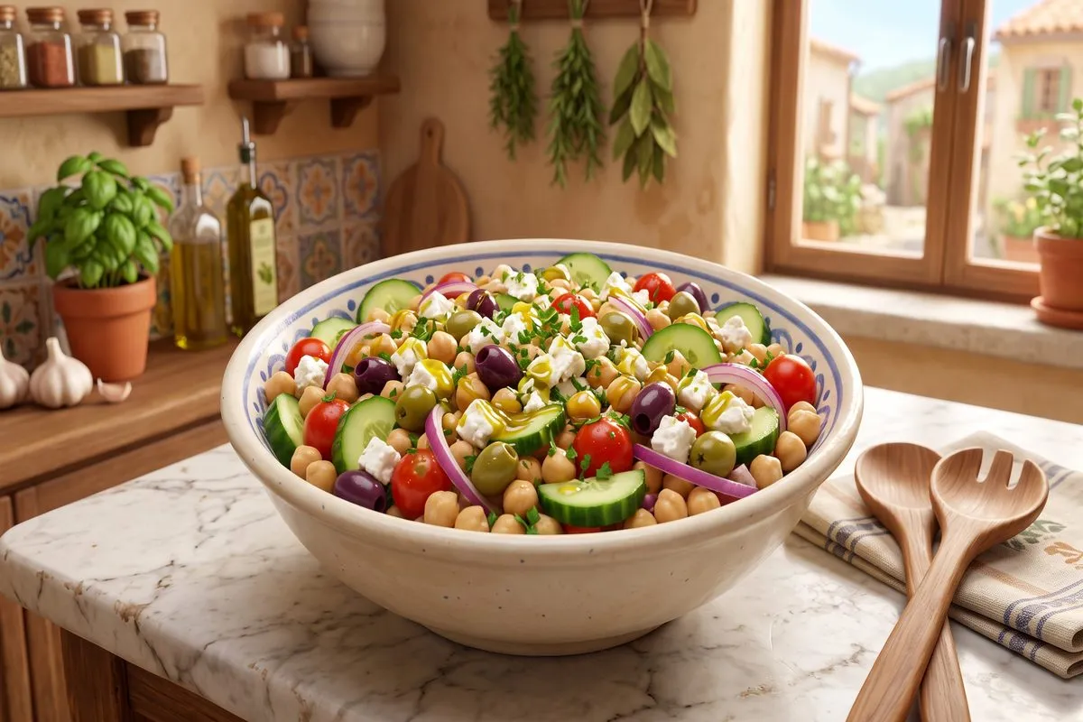 3D animated large salad bowl with chickpeas cucumber tomatoes olives feta cheese
