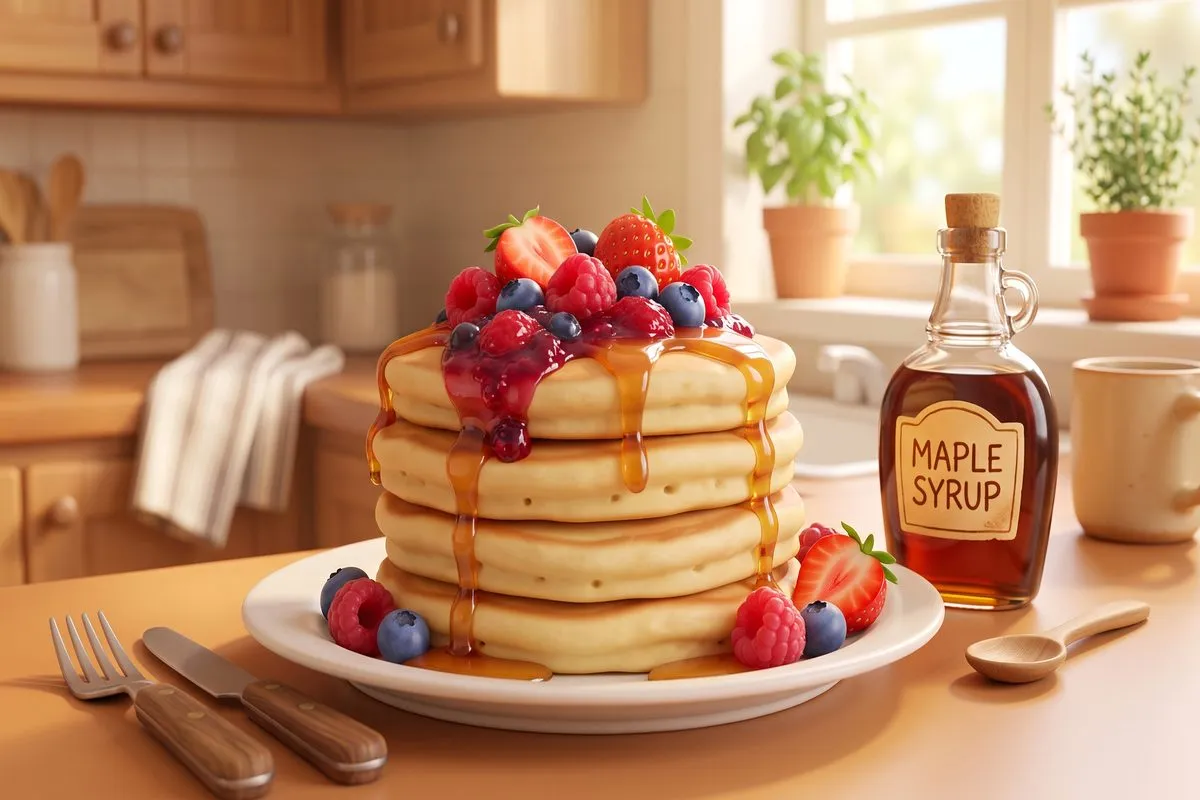 3D animated stack of fluffy pancakes with mixed berry compote and honey