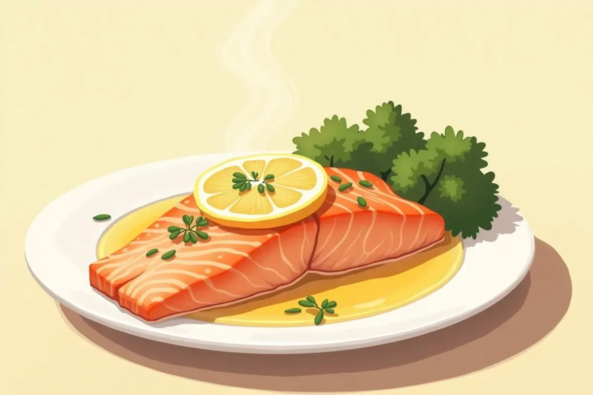 Keto Diet Recipe Salmon with Lemon Butter Sauce - Studio Ghibli anime illustration