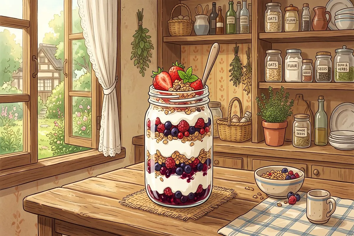 almond flour pancakes low carb breakfast recipe with blueberries anime illustration
