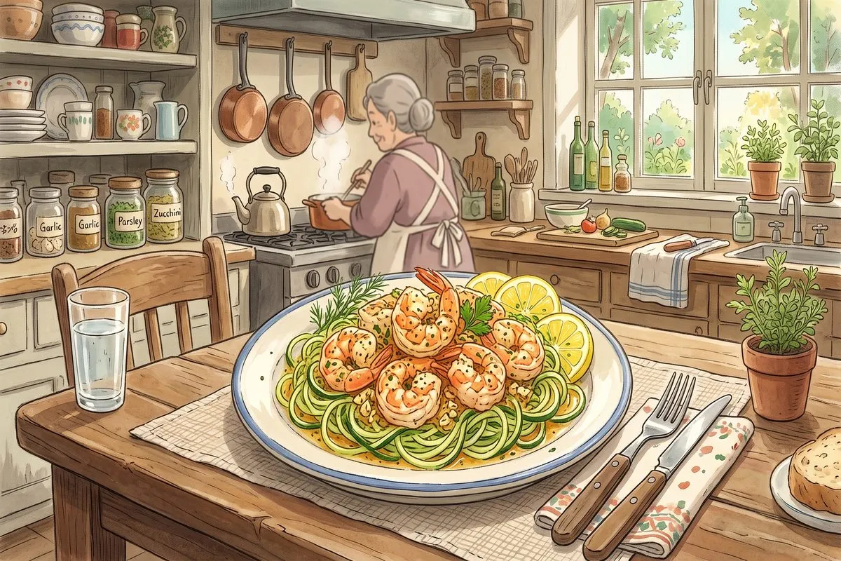 low carb shrimp scampi zucchini noodles dinner recipe anime illustration
