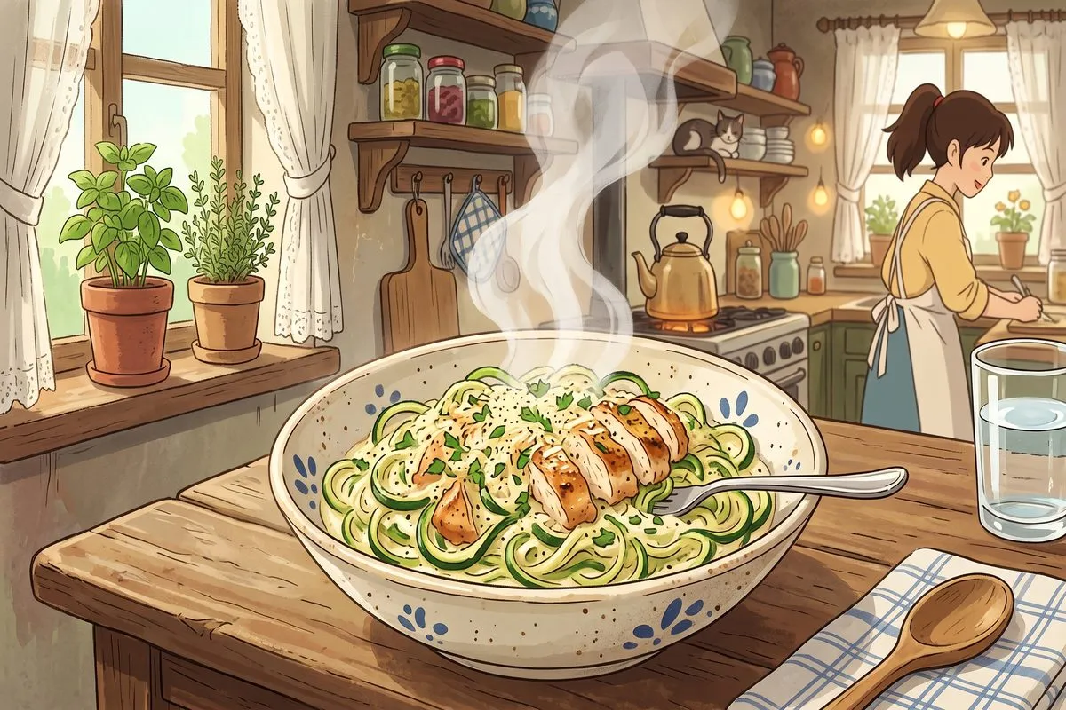 low carb chicken alfredo zucchini noodles dinner recipe anime illustration