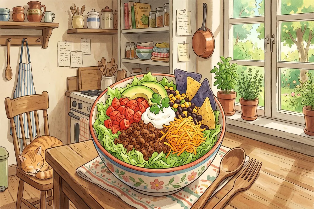 low carb taco salad easy dinner recipe anime illustration