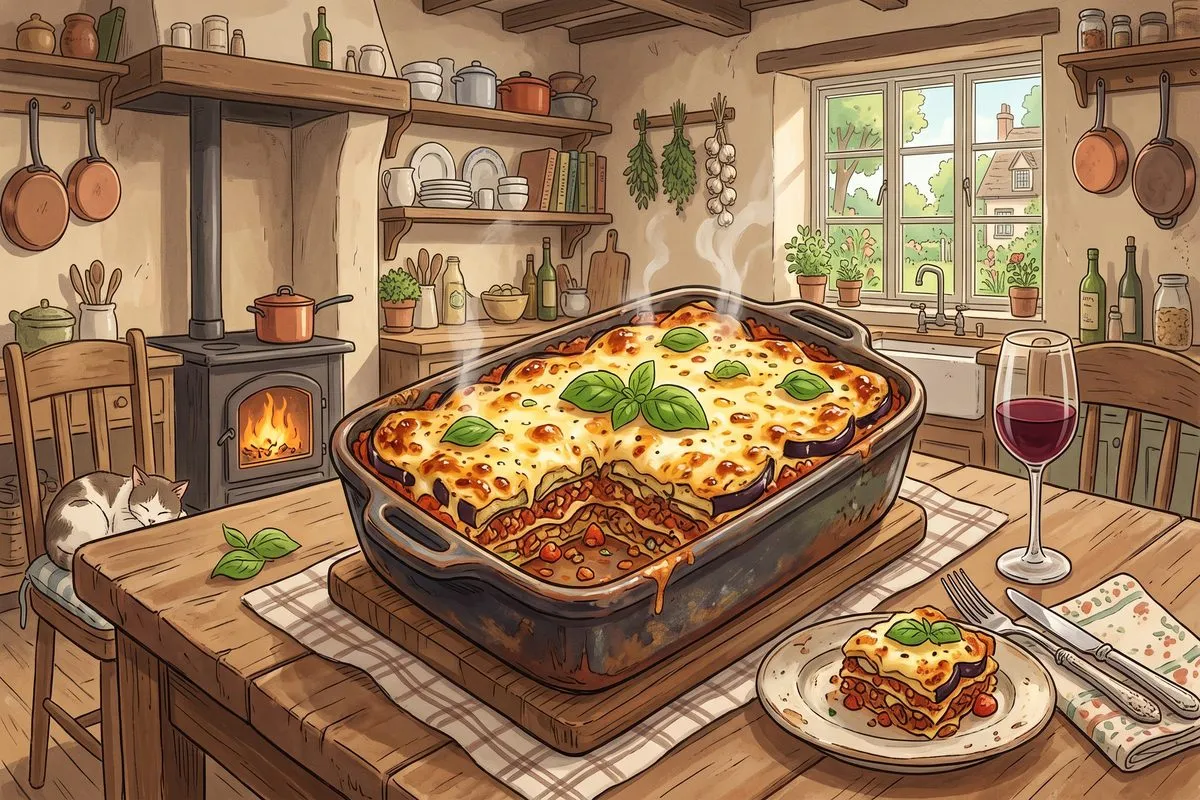 low carb eggplant lasagna healthy dinner recipe anime illustration