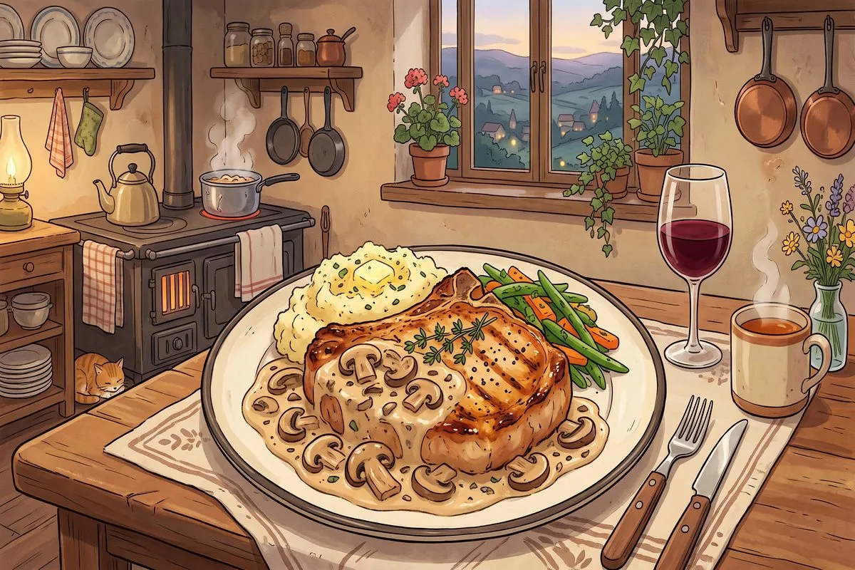 low carb pork chops creamy mushroom sauce dinner recipe anime illustration