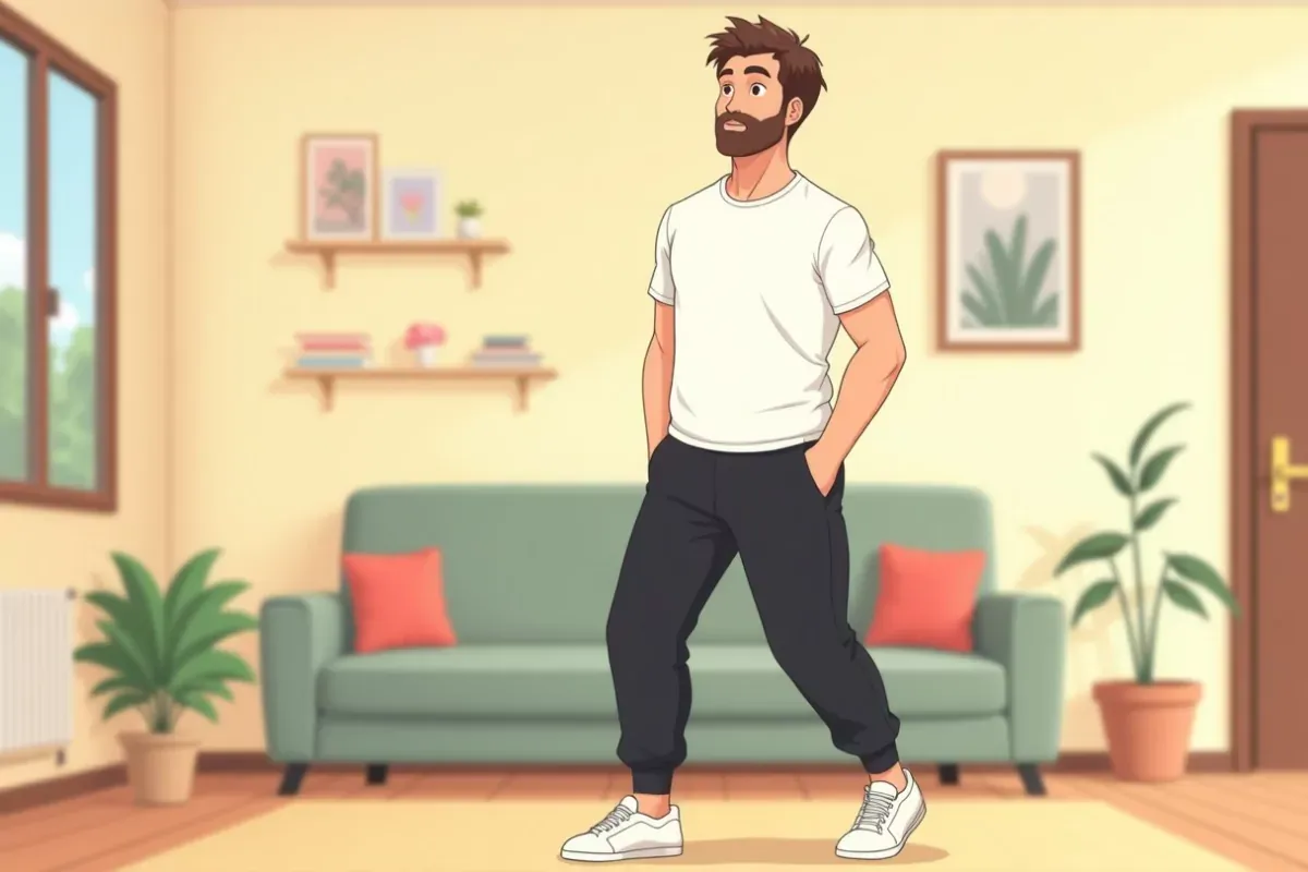 is doing a standing leg exercise in a home gym - Studio Ghibli anime illustration