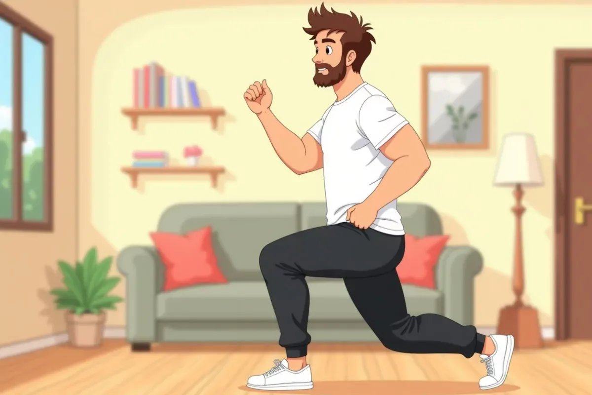 is doing a standing leg lunge exercise in a home gym - Studio Ghibli anime illustration