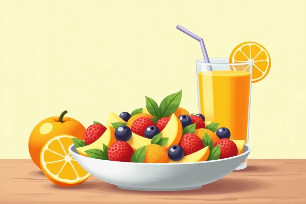 Fruit salad with mint and orange juice - Studio Ghibli anime illustration