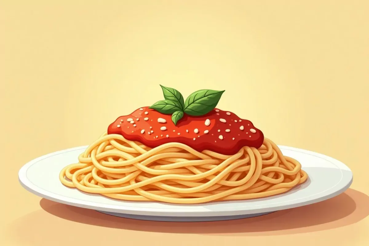 Pasta with tomato sauce and basil - Studio Ghibli anime illustration