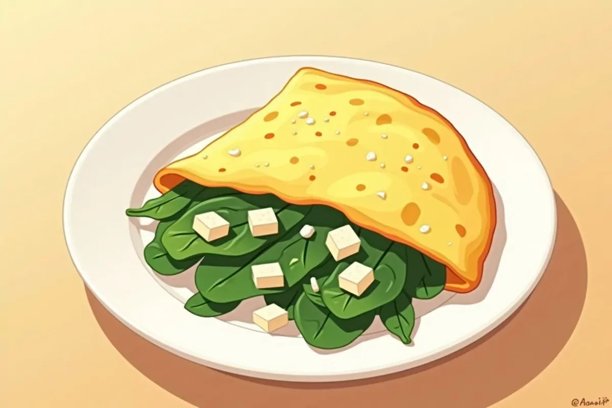 Omelet with spinach and feta cheese - Studio Ghibli anime illustration