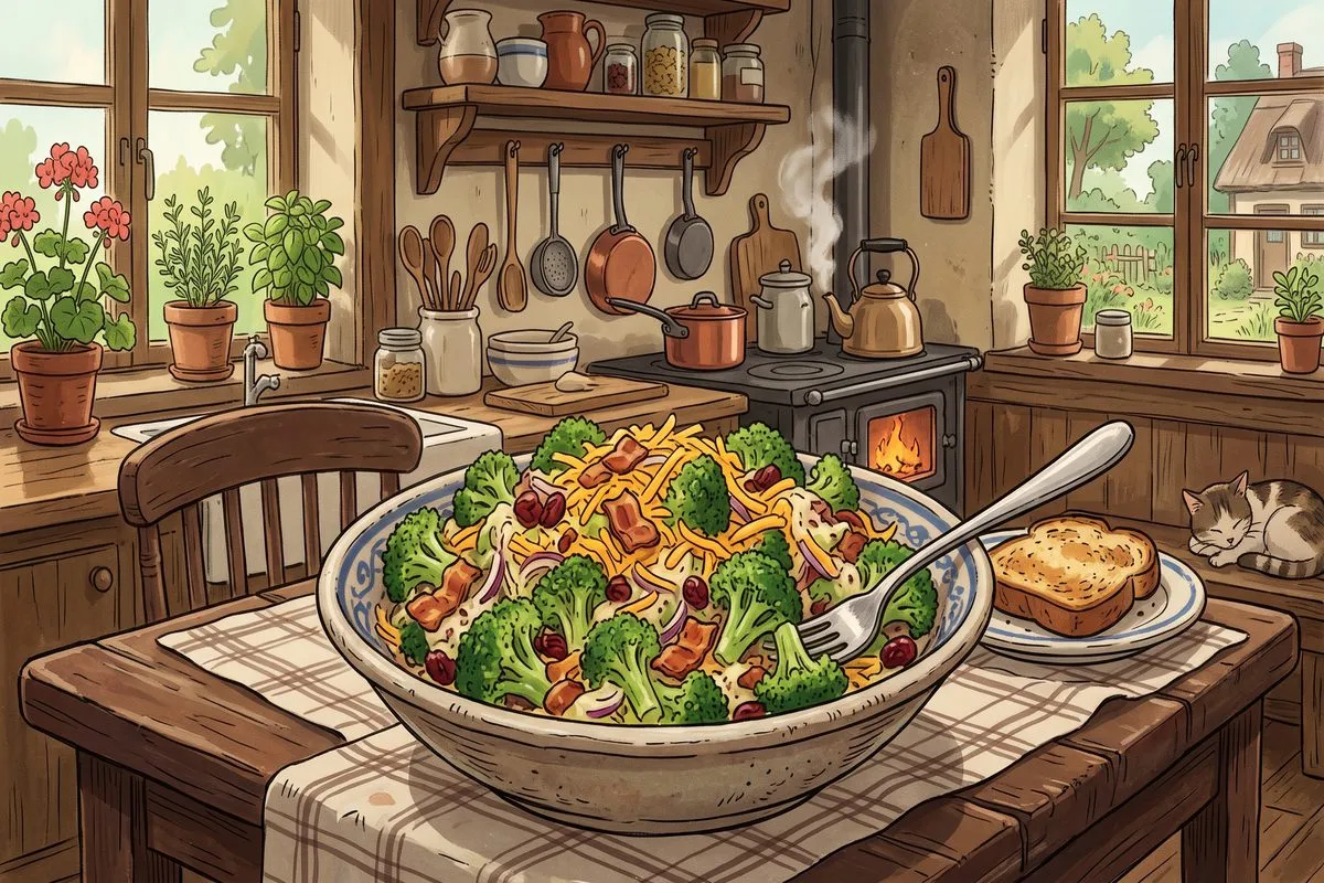 broccoli and bacon salad cheddar cheese low carb recipe anime illustration