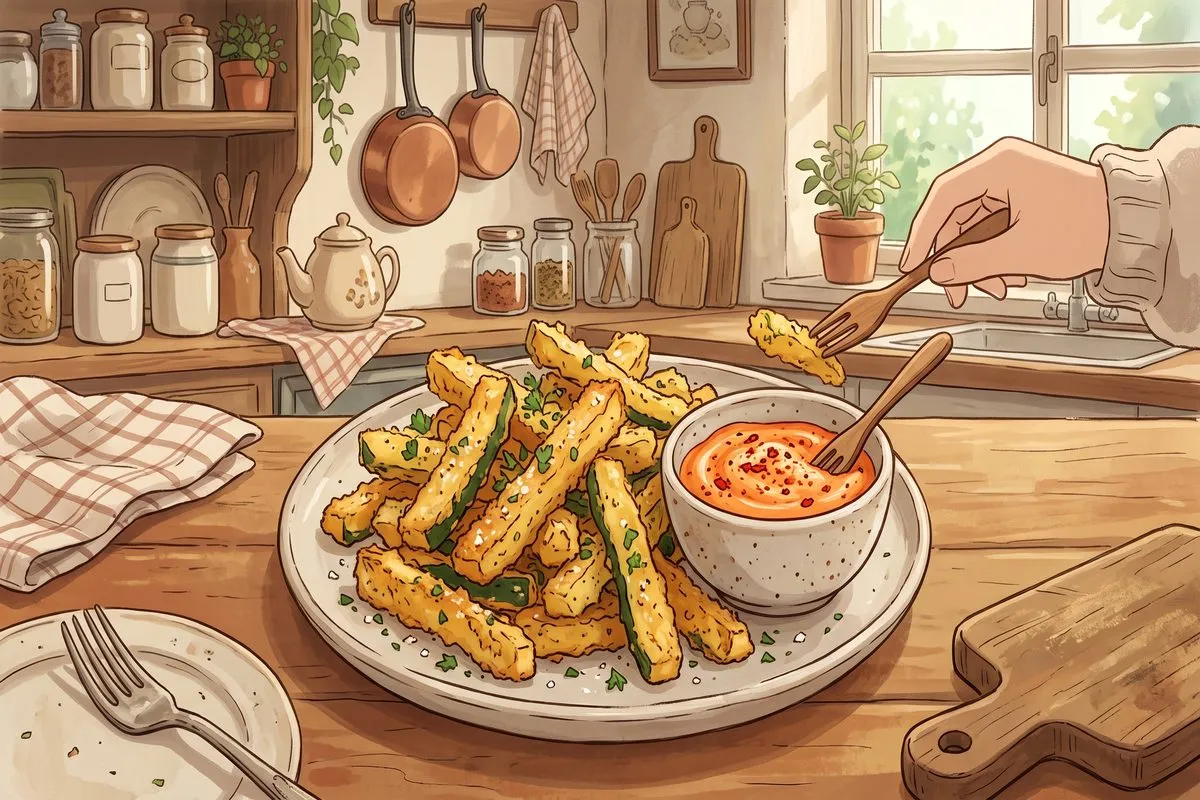 zucchini fries spicy mayo dip low carb snack recipe anime illustration