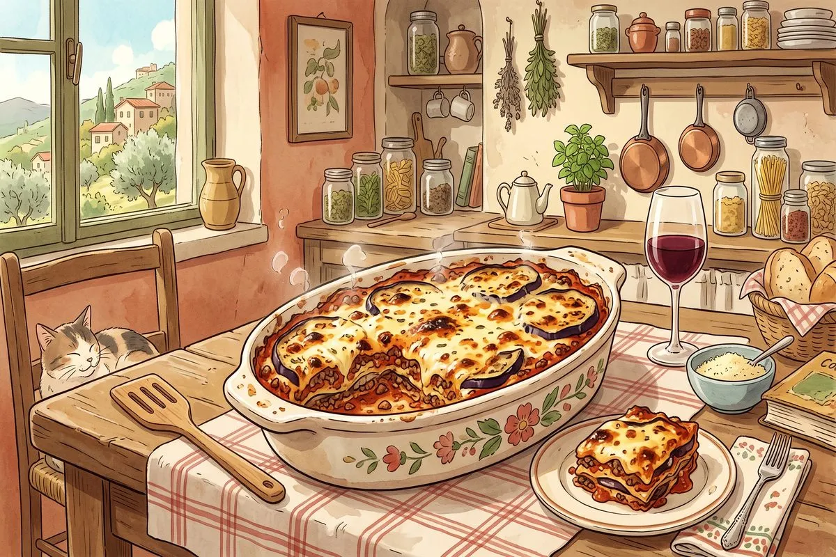 eggplant lasagna ground beef and cheese low carb recipe anime illustration