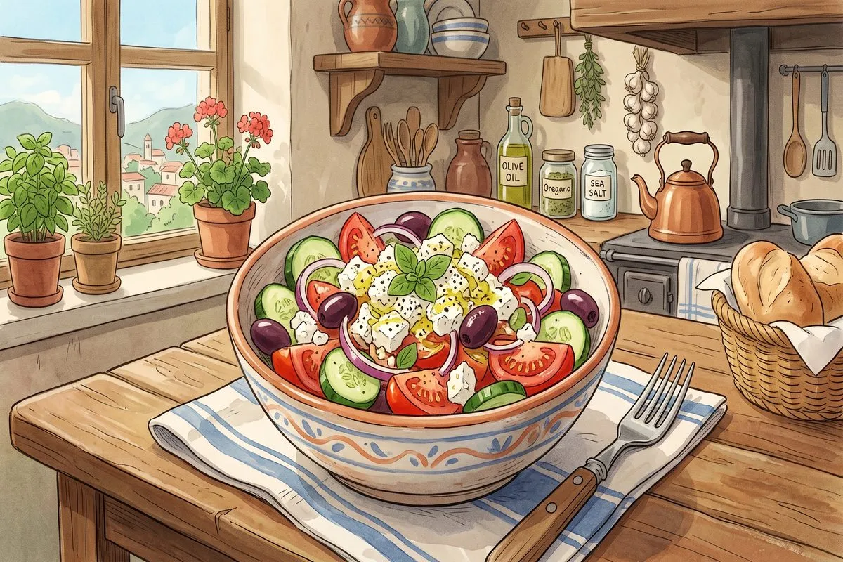 greek salad with feta cheese and olives low carb vegetable recipe anime illustration