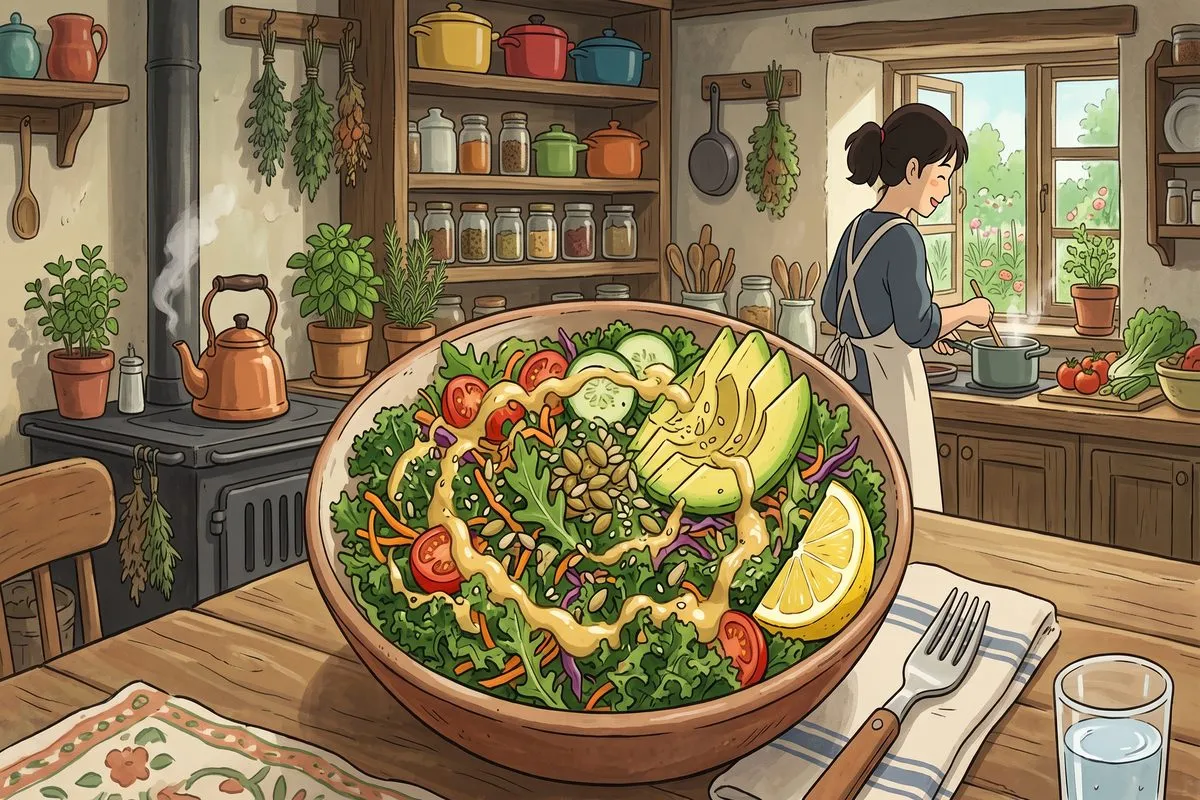 kale and avocado salad creamy tahini dressing low carb recipe anime illustration