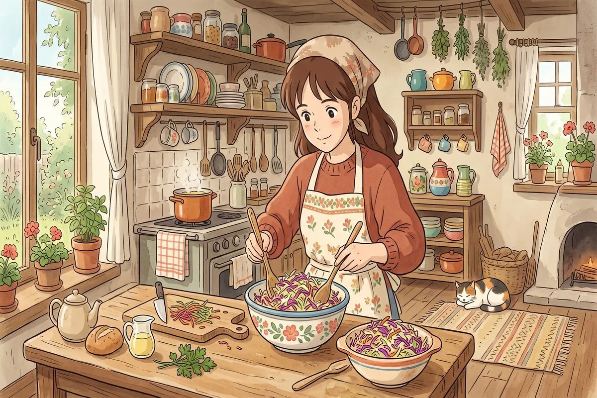 cabbage and carrot slaw creamy coleslaw dressing low carb recipe anime illustration