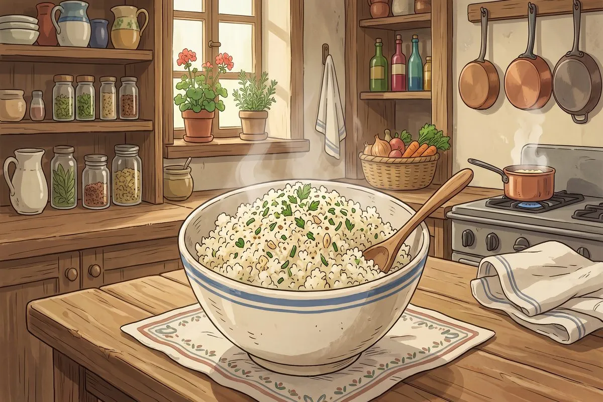 cauliflower rice garlic and herbs low carb side dish recipe anime illustration