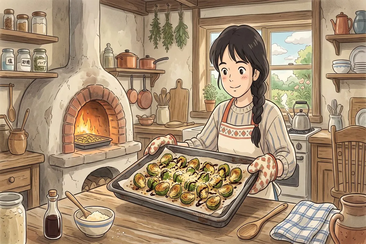 roasted brussels sprouts parmesan cheese balsamic glaze low carb recipe anime illustration