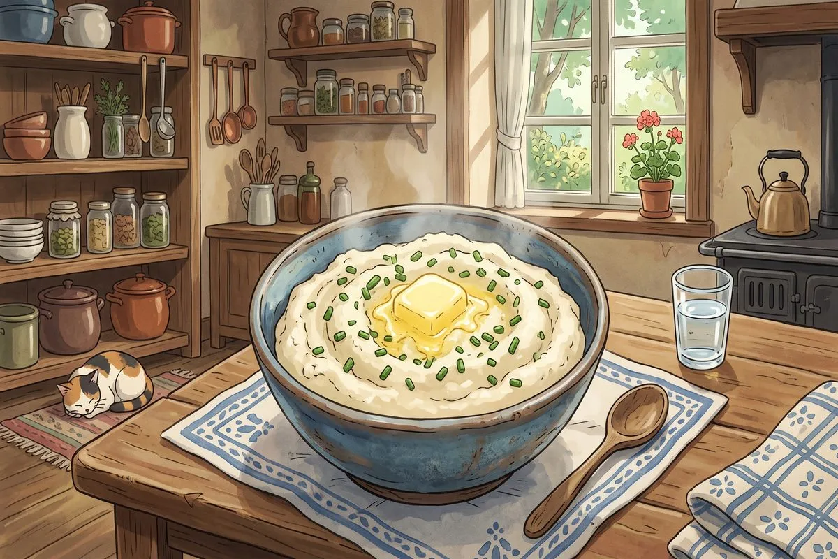 mashed cauliflower garlic chives low carb side dish recipe anime illustration