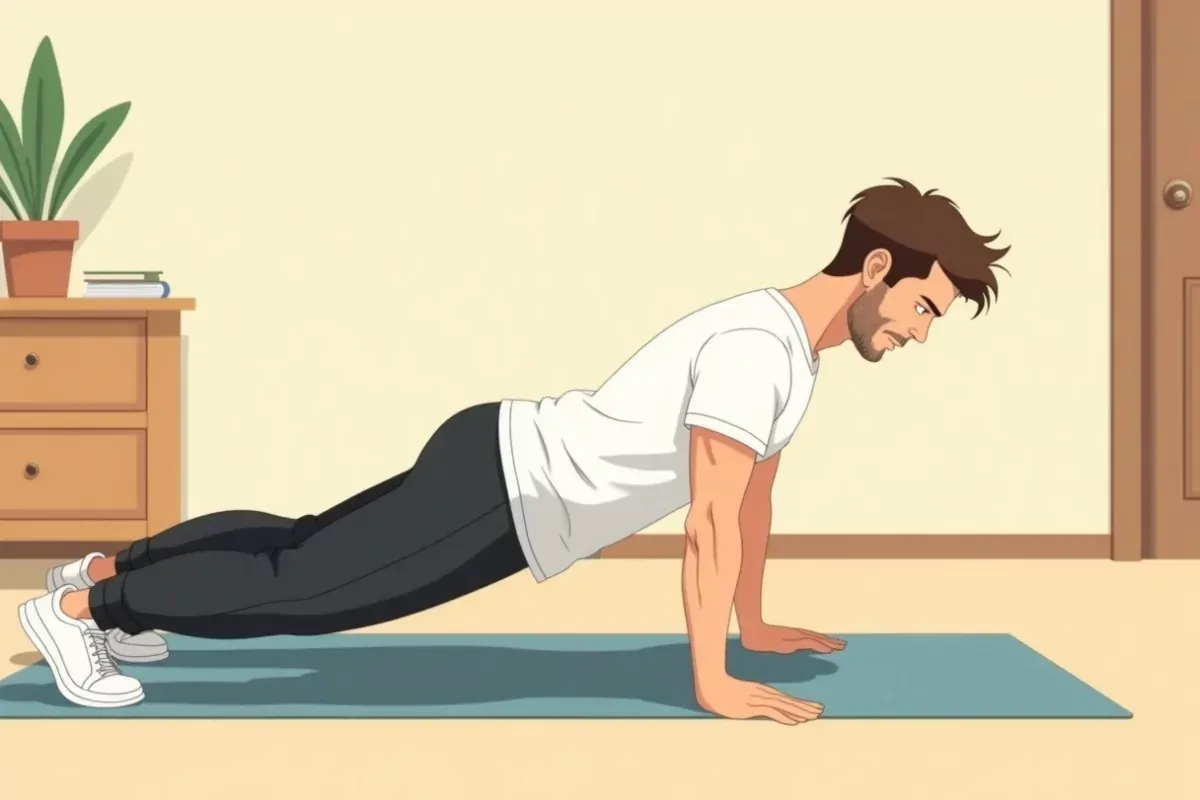 is doing a bodyweight push-up on a yoga mat at home - Studio Ghibli anime illustration