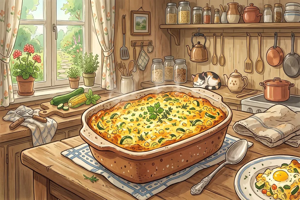 zucchini corn egg casserole clean eating recipe anime illustration