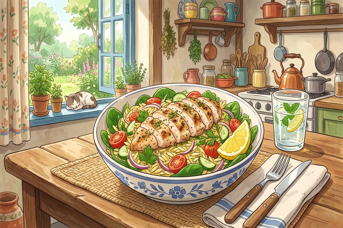 chicken spinach tomato orzo salad clean eating recipe anime illustration