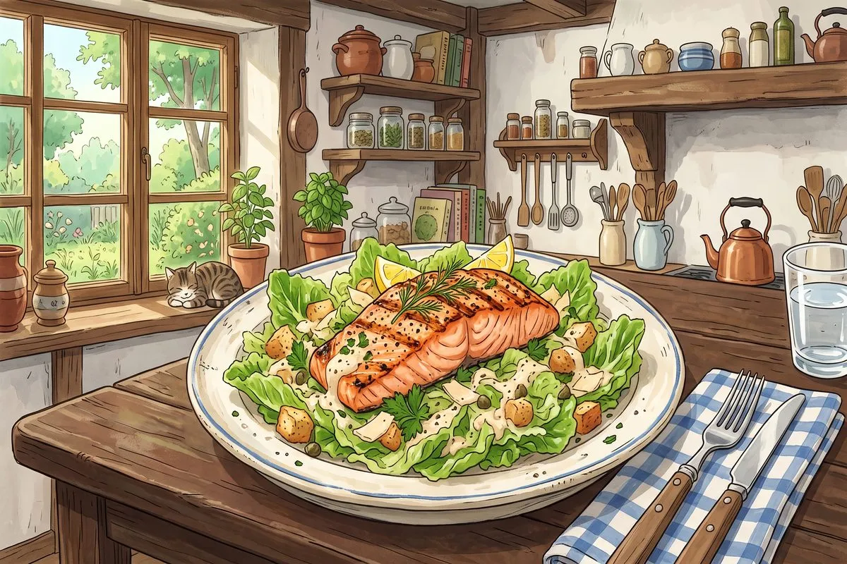 salmon caesar salad clean eating recipe anime illustration