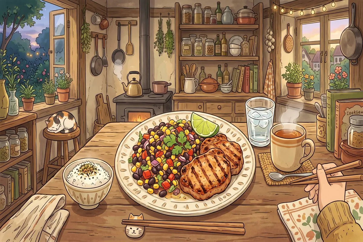 black bean salad grilled pork cutlets clean eating recipe anime illustration
