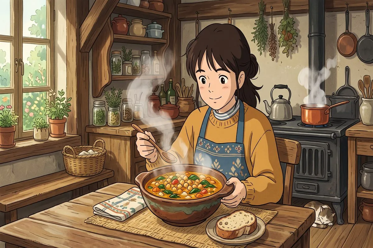hearty chickpea spinach stew clean eating recipe anime illustration