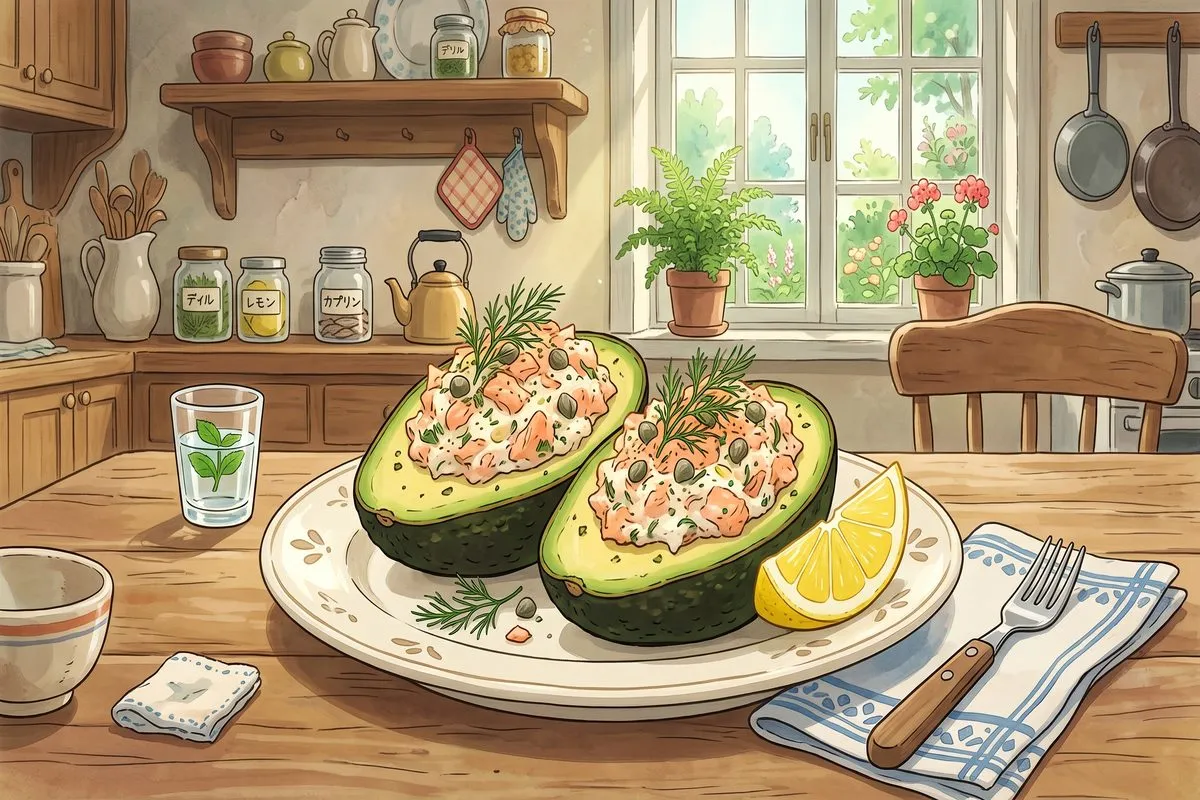 salmon stuffed avocados clean eating recipe anime illustration
