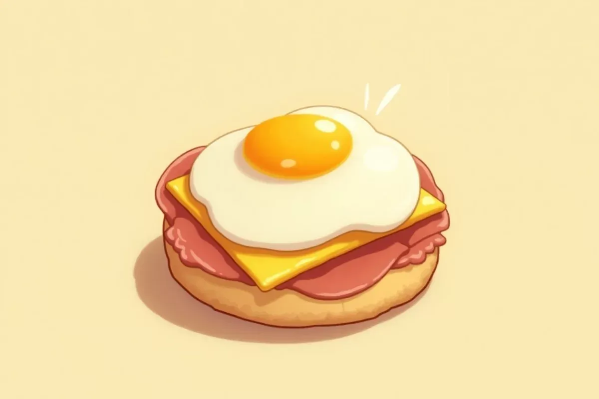 19. Breakfast Muffin with Egg, Ham, and Cheese - Studio Ghibli anime illustration