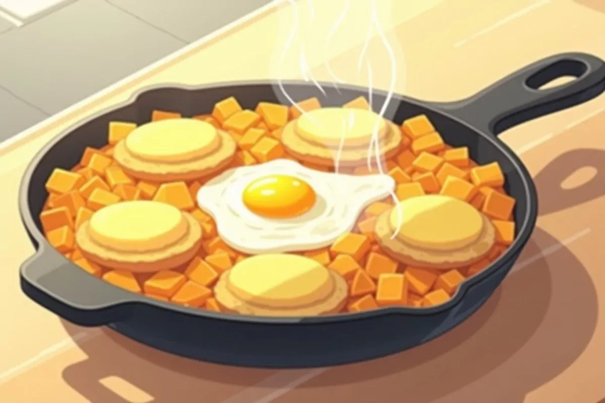 27. Breakfast Skillet with Potatoes, Eggs, and Cheese - Studio Ghibli anime illustration