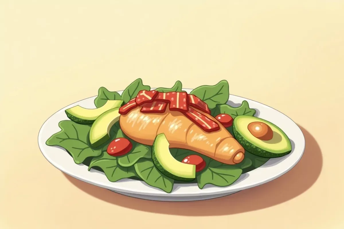 Keto chicken salad with avocado and bacon - Studio Ghibli anime illustration