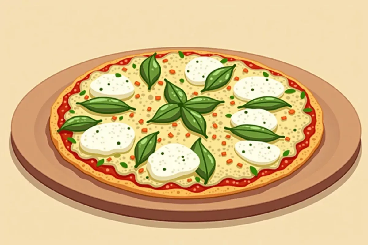 Keto cauliflower pizza with pesto and mozzarella - Studio Ghibli anime illustration