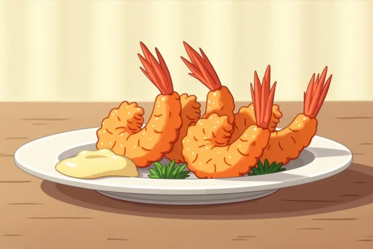 Keto coconut shrimp with spicy mayo - Studio Ghibli anime illustration