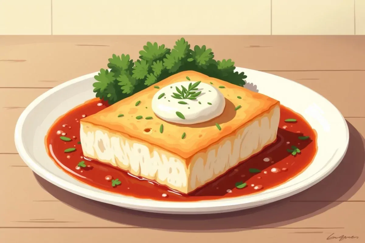 Keto pan-seared cod in salsa with queso fresco - Studio Ghibli anime illustration
