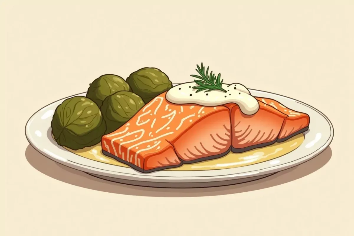 Keto baked salmon with horseradish cream sauce and roasted Brussels sprouts - Studio Ghibli anime illustration
