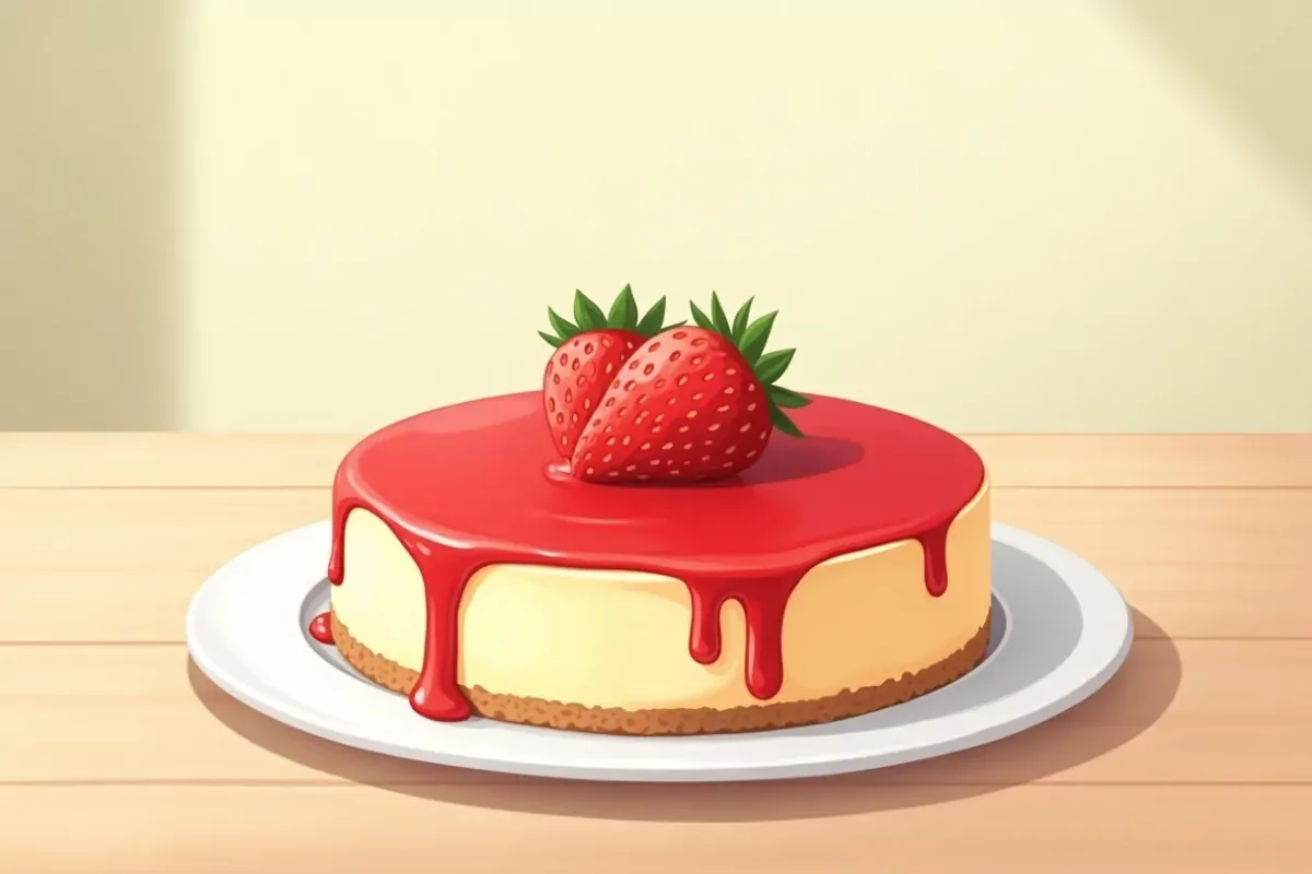 Keto cheesecake with strawberry sauce - Studio Ghibli anime illustration