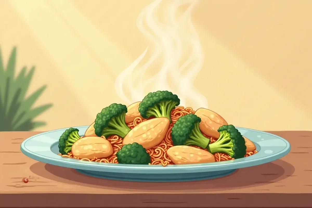 Keto chicken and broccoli stir-fry - Studio Ghibli anime illustration