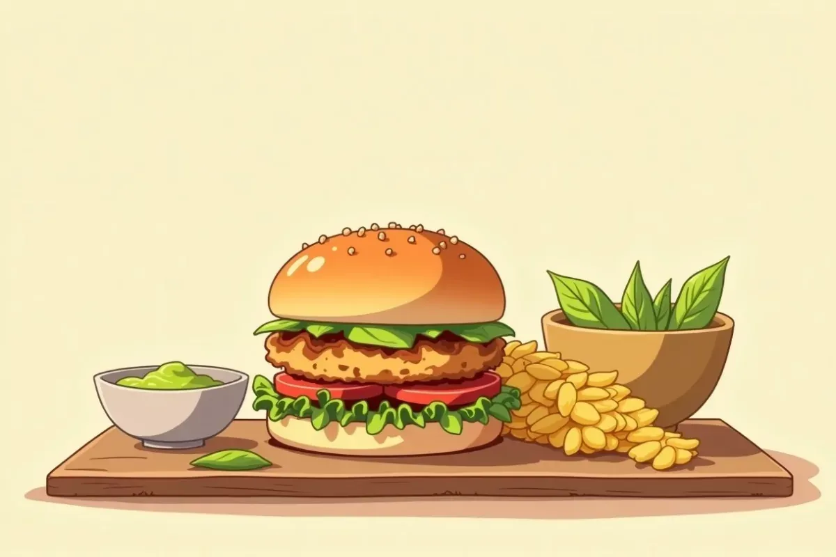 Keto chicken cheeseburgers with green garlic dressing - Studio Ghibli anime illustration