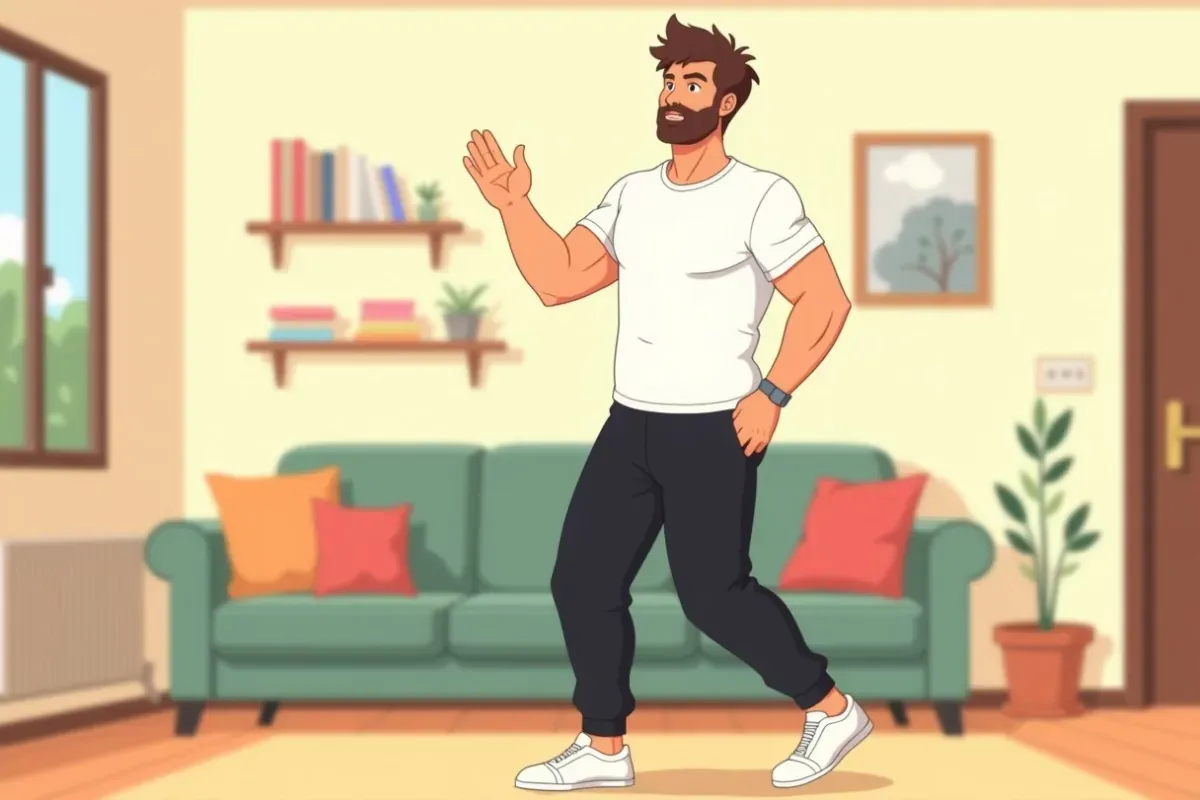 is dancing energetically in a living room during a home workout - Studio Ghibli anime illustration