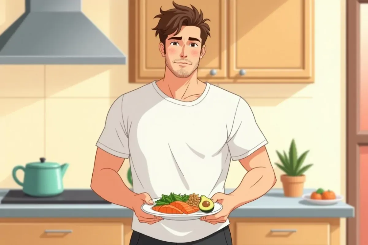 is holding a plate with salmon, avocado, walnuts and spinach at a kitchen counter - Studio Ghibli anime illustration
