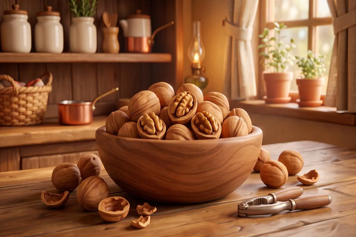 3D animated wooden bowl filled with walnuts rustic kitchen background